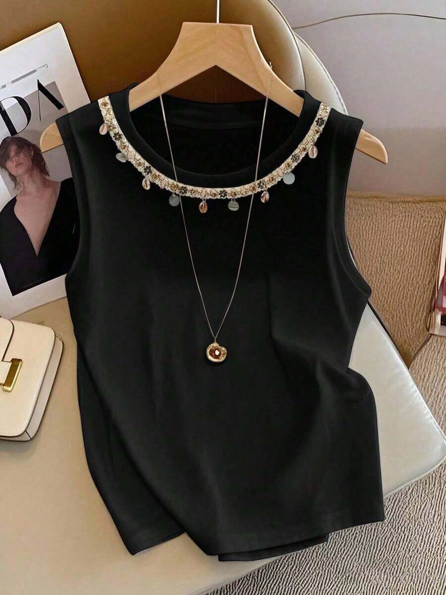 Top de tirantes de cuello redondo con colgante minimalista para mujer - Negro - Ver 1