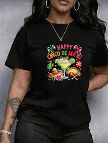 Camiseta de manga corta para Mujer, Elegante top estampado de leopardo y Flores que incluye coctel, sombrero mexicano, taco, maracas, cactus, lazos, banderines y estrellas, en Tallas Grandes Cuello Redondo Ropa, cuello redondo casual de manga, en Estilo Y2K casual para verano y primavera ropa de mujer, verano ropa, primavera verano ropa casual, Transpirable Lavable, cómoda y Transpirable, de Alta Calidad Ajuste Cómodo - Negro - Ver 1