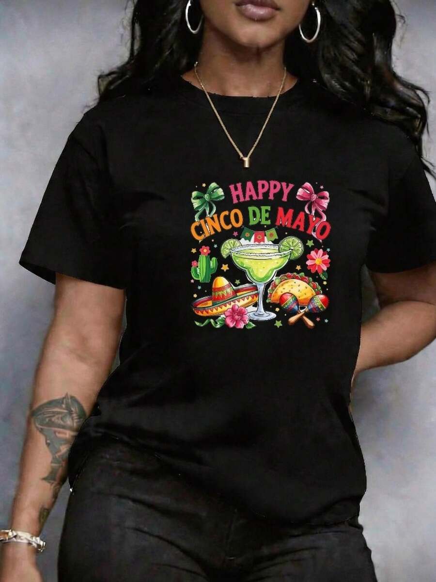 Camiseta de manga corta para Mujer, Elegante top estampado de leopardo y Flores que incluye coctel, sombrero mexicano, taco, maracas, cactus, lazos, banderines y estrellas, en Tallas Grandes Cuello Redondo Ropa, cuello redondo casual de manga, en Estilo Y2K casual para verano y primavera ropa de mujer, verano ropa, primavera verano ropa casual, Transpirable Lavable, cómoda y Transpirable, de Alta Calidad Ajuste Cómodo - Negro - Ver 1