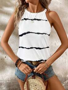 Top sin mangas de verano casual con estampado de rayas y cuello halter para mujer - Blanco - Ver 6