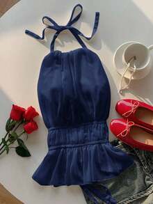 Camiseta sin espalda con cuello halter y espalda con lazo fruncido - Azul marino - Ver 7