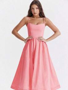 Vestido de fiesta elegante de verano con cuello en U, drapeado y bajo acampanado de unicolor - Rosa - Ver 3