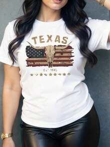 Women's T-Shirt With Bull Skull And Vintage-Style Flag Print, Original And Modern Design For A Casual And Comfortable Look, Ideal To Combine With Your Favorite Jeans. - 白色 - 查看 1