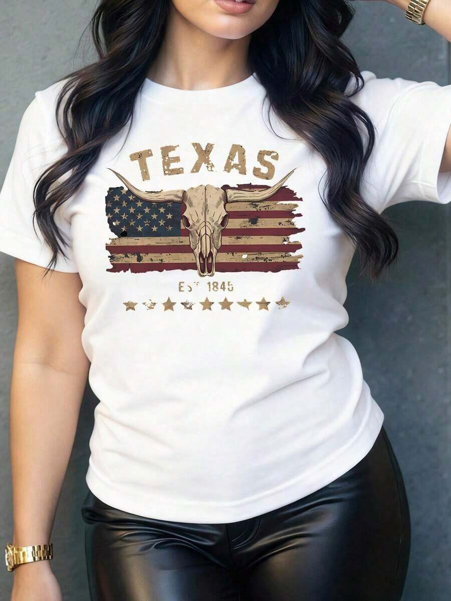 Women's T-Shirt With Bull Skull And Vintage-Style Flag Print, Original And Modern Design For A Casual And Comfortable Look, Ideal To Combine With Your Favorite Jeans. - 白色 - 查看 1