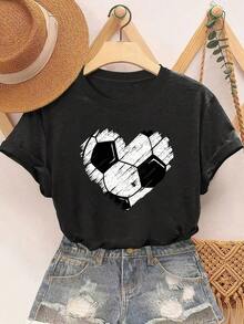 Women's 100% Cotton Soccer Jersey - Casual Crew Neck, Short Sleeve, Breathable Polyester Blend Top, Heart And Soccer Ball Pattern Design, Machine Washable - Suitable For Spring, Summer, And Autumn, Soccer Fan Apparel | Casual Style | Machine Washable Top - 黑色 - 查看 6