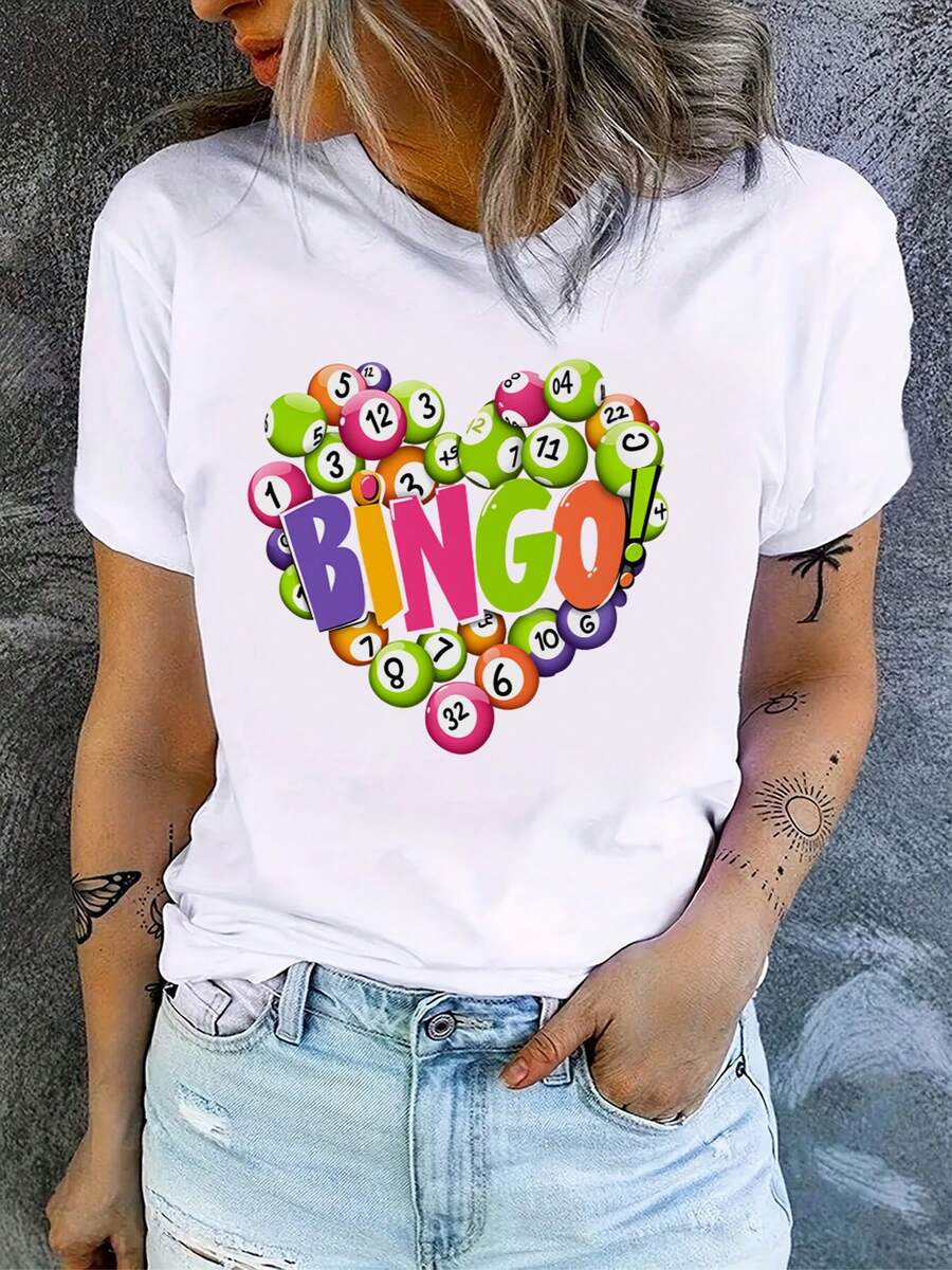 Camiseta de Verano Premium para Mujer con Estampado de Bingo Love - Camiseta de Manga Corta Casual para Verano, Corte Estándar, Diseño Colorido de Juego de Bingo (Lavable a Máquina) Adecuada para Atuendos Casuales y Noches de Bingo - Ropa de Mujer Tricolor Comfort1 - Blanco - Ver 1