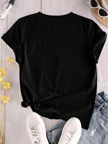 Camiseta de Mujer, Camiseta Maldivas, top casual de poliéster con cuello redondo, con estampado de máscara de dibujos animados y árbol de cuentas, estilo regular de manga corta, ligeramente elástica, adecuada para todas las estaciones - Morado, verde, amarillo. Tops para Mujer. - Negro - Ver 3