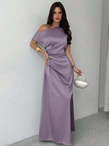 Vestido elegante asimétrico de hombro con pliegues y bajo de cola de sirena en color verde, adecuado para citas, vacaciones, bodas, eventos, regreso a la escuela, graduación, vestido de dama de honor formal, vestidos elegantes para mujer - Púrpura polvoriento - Ver 3