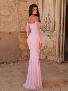 Faeriesty Pink Ruched Fitted Dress With Gloves, Elegant Side Ruffle Slit Trumpet Evening Gown Suitable For Party, Vacation, Formal Dinner, Beach Wedding Spring - Pink - View 5