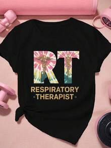 SuavePlus Size Women's Tie-Dye T-Shirt With Caduceus Stethoscope Design - "RT Respiratory Therapist" Graphic, Short Sleeve, Round Neck, Polyester, Machine Washable - Casual & Sporty Tee In Vibrant ColorscuteNew Arrival - 黑色 - 查看 6