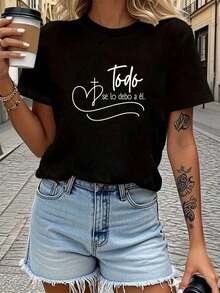 Women's T-Shirt "I Owe It All To Him" - Spanish Phrase Print, Short Sleeve, Round Neck, Medium Elasticity Casual Blouse, Suitable For Spring And Summer, Spanish Clothing, 100% Cotton, Basic Cotton Round Neck T-Shirt For Women - 黑色 - 查看 7