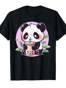 Adorable y divertido panda de anime disfrutando de un té de burbujas, perfecto para adolescentes.Camiseta Casual de Corte Holgado Hecha de 100%, Disponible en Tallas 1-5X |   Diseño exquisito |   Suelto y cómodo |   Fácil de combinar | - Negro - Ver 2