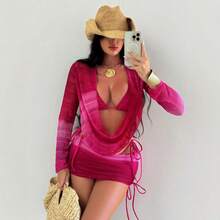 Traje de baño para mujer con vestido de playa de manga larga de malla de color sólido con efecto tie-dye, conjunto de bikini sexy de cuatro piezas. - Rosa - Ver 3