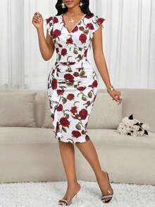 Lady Vestido midi elegante de mujer con cuello en V, estampado floral y volantes - Multicolor - Ver 7