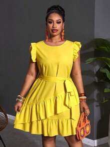 Vestido casual de talla grande con volantes en el bajo y unicolor - Amarillo - Ver 9