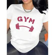 Camiseta de algodón con estampado gráfico para mujer, manga corta, cuello redondo, para gimnasio, levantamiento de pesas, entrenamiento, ropa casual de calle, ideal para fitness y uso diario. - Blanco - Ver 6