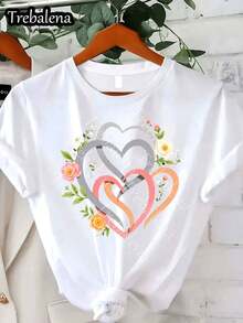 1 Piece - Women's Clothing, Heart Floral Design T-Shirt - Short Sleeve, Round Neck, Casual Top, Ideal For Spring, Summer And Autumn, Machine Washable, Suitable For Semi-Formal Events And Daily Wear, 180g 100% Cotton. - 白色 - 查看 7