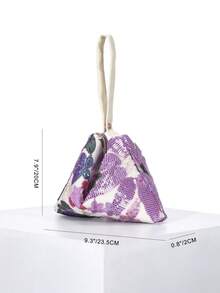 Floral & Leaf Sequin Mesh Decor Magnetic Triangle Handbag, Beach Vacation Casual Summer Party Clutch For Party, Wedding, Prom (Pattern Random) - Purple - View 2