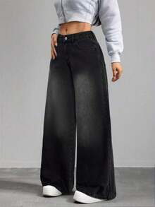 Tall Jeans de mujer de tiro bajo rectos, pantalones sueltos de mezclilla azul, jeans de tiro bajo nuevos para Año Nuevo, jeans holgados para uso diario, ropa de mujer para otoño - Gris Oscuro - Ver 4