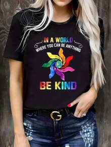 Pure Cotton T-Shirt, Plus Size Casual T-Shirt For Women - "Be Kind" Rainbow Design, Round Neck, Short Sleeves, Slightly Stretchy Fabric, Regular Fit, Comfortable Top Suitable For All Seasons. - 黑色 - 查看 1