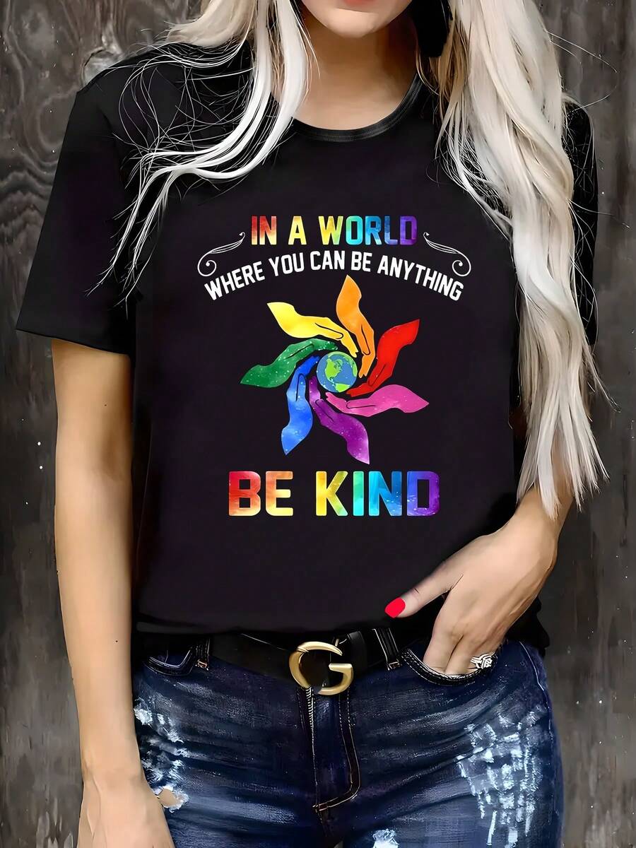 Pure Cotton T-Shirt, Plus Size Casual T-Shirt For Women - "Be Kind" Rainbow Design, Round Neck, Short Sleeves, Slightly Stretchy Fabric, Regular Fit, Comfortable Top Suitable For All Seasons. - 黑色 - 查看 1