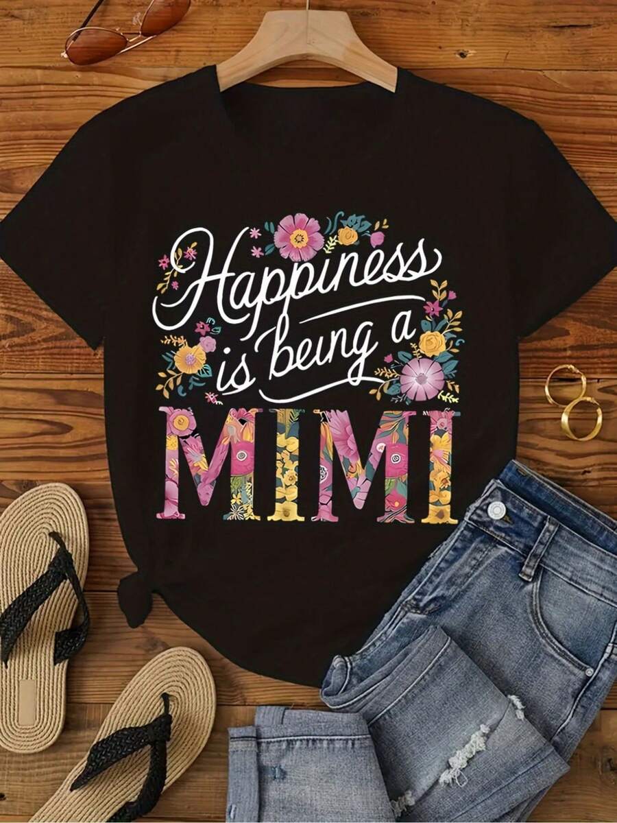 1 camiseta de manga corta para mujer, regalo para el Día de la Madre -- Estampado floral con la frase "La felicidad es ser madre", camiseta negra casual de cuello redondo, lavable a máquina, para primavera/verano, enviada desde almacén local, cómoda y de algodón puro, con descuento especial, adecuada para Pascua, Halloween, Día de Acción de Gracias, Navidad, etc. 180g 100% Algodón - Negro - Ver 1