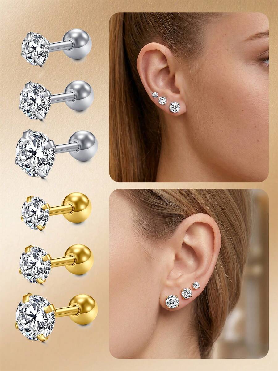 CIZME Earrings Studs Stainless Steel Studs For Ears, 3-5mm Cubic Zirconia, Stylish Jewelry For Women Men - Silver Gold Ear Piercing Jewelry - Ball Type - View 1