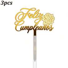 1个/3个金色亚克力“Feliz Cumpleaños”（西班牙语生日快乐）蛋糕装饰插牌，饰有花卉和蝴蝶图案，适合西班牙主题生日派对装饰。 - 多色 - 查看 20