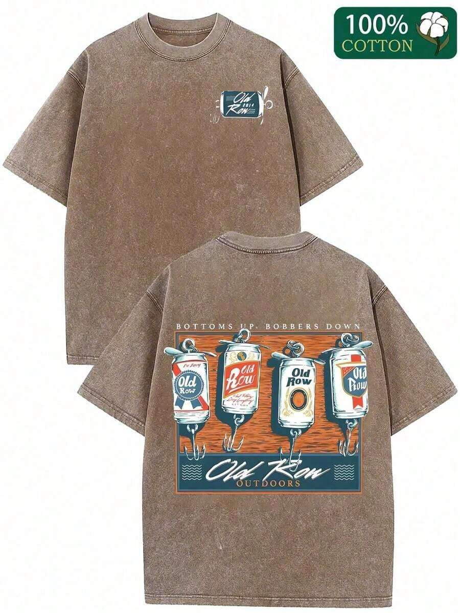 Camiseta Old Row con Estampado Gráfico de Lata de Cerveza Vintage de Doble Cara - Camiseta Unisex Lavada de Corte Holgado y Manga Corta, Estilo Retro Casual de Verano con Diseño Lavable a Máquina, Camiseta para Uso Diario | Camisa de textura suave (estilo retro, unisex, de peso pesado) - Color café - Ver 1
