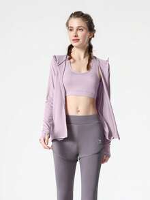 CAMEL CROWN Bộ đồ tập yoga 4 món dành cho nữ, trang phục chạy bộ cao cấp, tay dài, bộ đồ thể thao mùa xuân, nhanh khô, thoáng khí, đồ tập thể dục. - Duruo tím/Tím khói - Xem 3