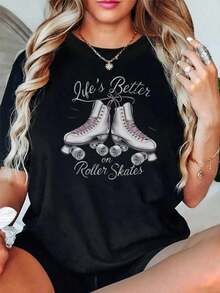 Algodón Camiseta Con Estampado Retro De Patines Para Mujer, Cómoda, De Manga Corta, Cuello Redondo, Estilo Casual, Negra, Con Estampado Digital Vibrante, Para Todas Las Estaciones. Blusas Para Mujer Camisa - Negro - Ver 8