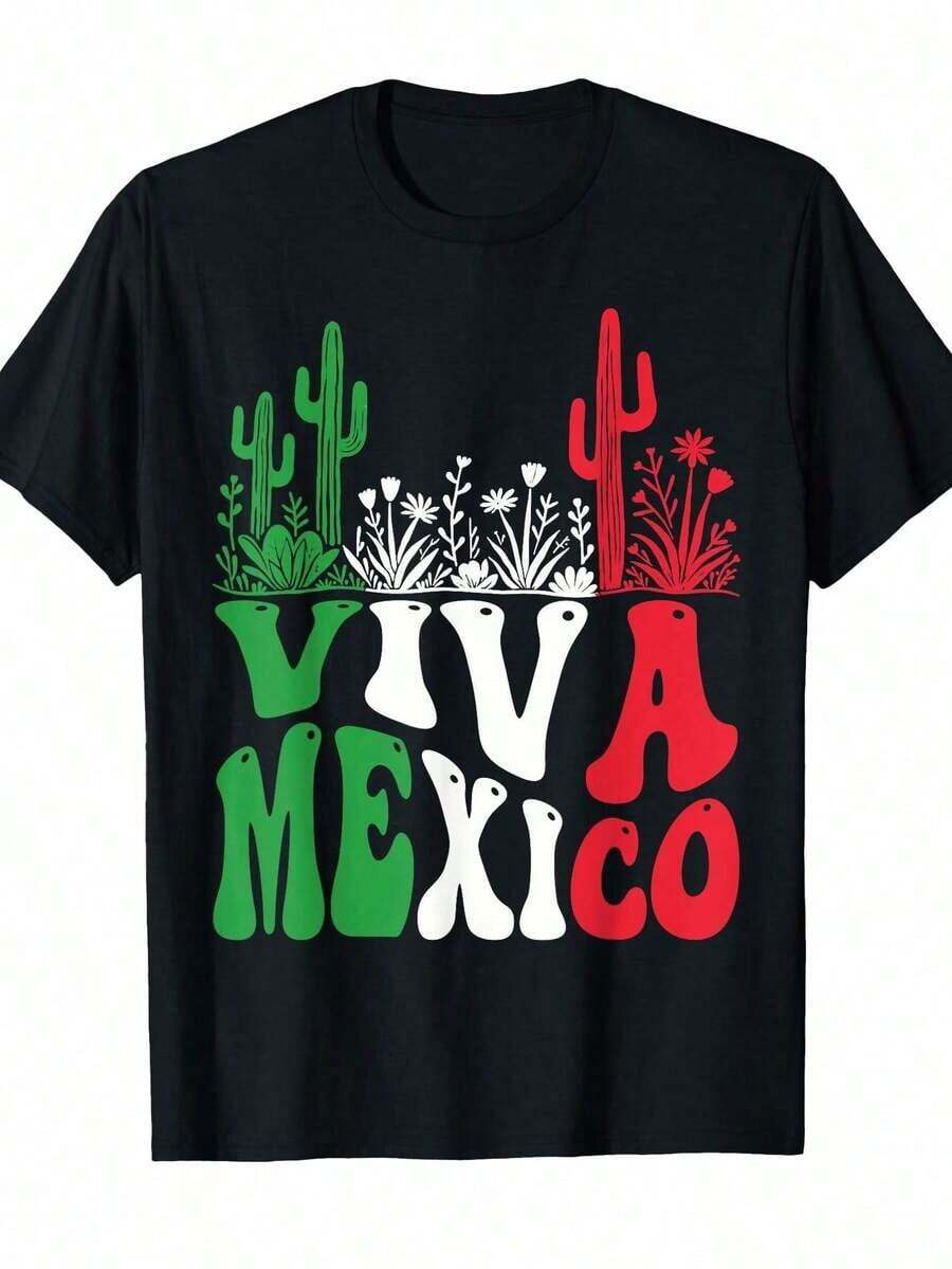 Camisetas Ligeras con Estampados Gráficos Viva México Floral y Bandera del Día de la Independencia Mexicana - Estampado Patriótico de Cactus y Lirios de Agua, Letras Verdes y Rojas, Tela Suave y Transpirable, Estilo Casual Urbano Unisex, Cómoda Camiseta de Manga Corta con Cuello Redondo, Adecuada para Hombres y Mujeres, 100% Algodón, Éxito de . Conjuntos de Vacaciones de Verano 2026 - Negro - Ver 1