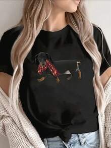 Camiseta de manga corta de poliéster, estampada con un diseño de perro salchicha, adecuada para usar en casa, la oficina o el restaurante, de estilo casual, diseño ligero y duradero, cómoda y ajustada para el uso diario. - Negro - Ver 7