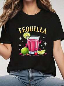 Camiseta de manga corta de algodón, duradera y transpirable para mujer, con un divertido estampado de cóctel de tequila y lima Tipsy. Top holgado, de estilo casual y de gran tamaño, adecuado para fiestas en bares, reuniones de verano, vacaciones y otras ocasiones. Ropa de Mujer Única de Estilo Europeo y Americano - Camiseta de Manga Corta de Algodón Holgada Unisex de Estilo Urbano Vintage con Cuello Redondo - Negro - Ver 6