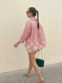 Bộ đồ 2 món thêu hoa hướng dương không đều, trang phục đi nghỉ xuân/hè, áo khoác cardigan cổ chữ V màu hồng xuyên thấu thêu viền cùng quần short phong cách bohemian. - Hồng - Xem 5