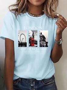Women's Summer Short-Sleeved T-Shirt, European And American Style, With London Letter Print And Iconic City Buildings, A Modern And Stylish Feminine Combination - 淺藍色 - 查看 1