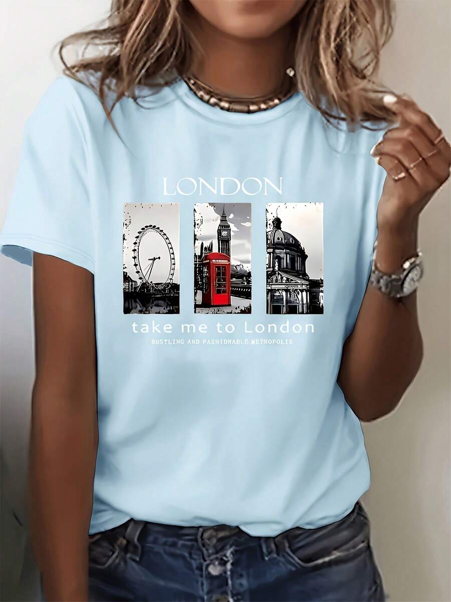 Women's Summer Short-Sleeved T-Shirt, European And American Style, With London Letter Print And Iconic City Buildings, A Modern And Stylish Feminine Combination - 淺藍色 - 查看 1