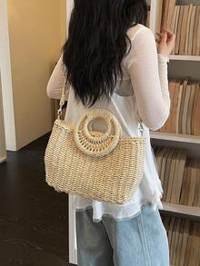 Women's Straw Tassel Drawstring Tote Bag, Suitable For Daily Use - Beige - View 11