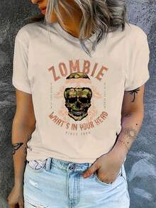 Camiseta suave 100% algodón con estampado de calavera, cuello redondo, manga corta, informal, para primavera y verano, ropa de mujer, camiseta de algodón transpirable, combina con todo, genial. - Albaricoque - Ver 1