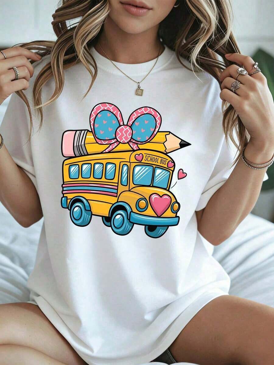 Elegant And Casual Women's Short-Sleeved Cute School Bus Design T-Shirt With Pink Bow And Pencil For Valentine's Day, Black Casual Wear For Women, Spring Summer. - 白色 - 查看 1