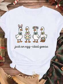 Elegante y casual mujer manga corta,Cute Easter T-Shirt Easter Duck And Bunny Print Just An Egg Cited Goose White Women Casual Wear Spring Summer - Blanco - Ver 3