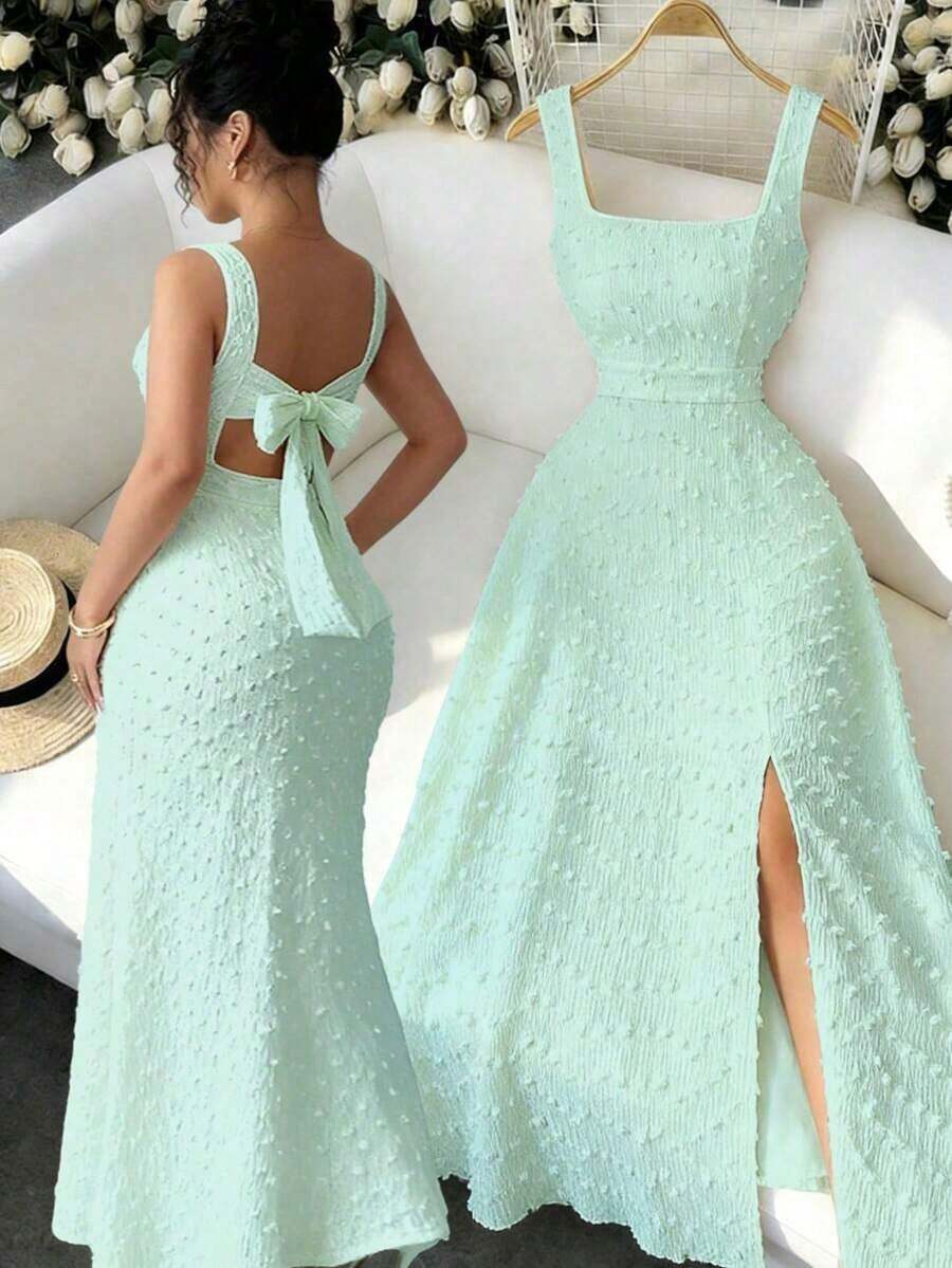 Nuevo vestido de punto texturizado sin mangas con cuello cuadrado, diseño de lazo en la espalda abierta, elegante vestido ajustado para fiesta - verde menta - Ver 1