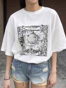 Women's Summer Round Neck Printed Loose Casual Short Sleeve Street T-Shirt-Vintage Street Style Unisex Loose Cotton Short Sleeve Crew Neck T-Shirtblusas para mujer. blusas.blusas casuales para dama. - Blanco - Ver 5