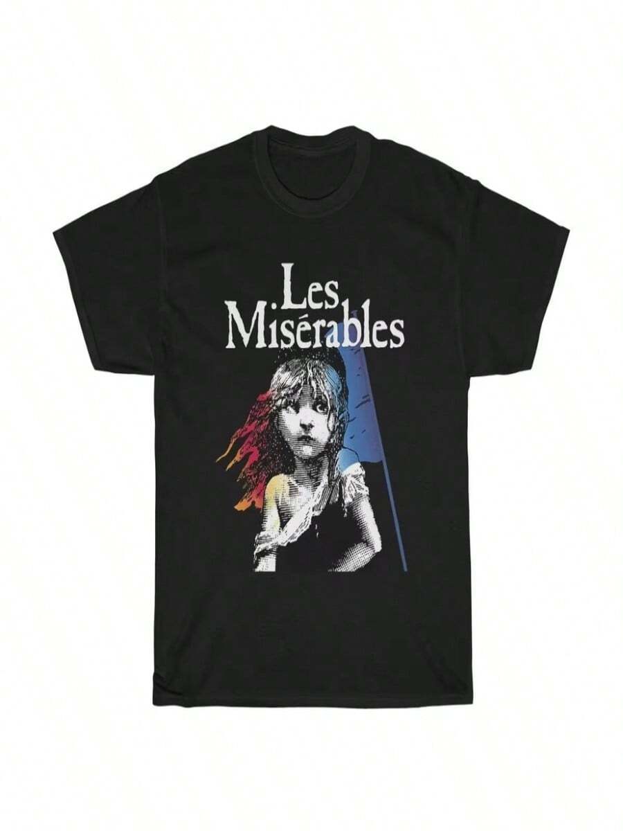 Camiseta negra de manga corta estampada para mujer del musical de Los Miserables, apta tanto para hombres como para mujeres, y que se puede usar en todas las estaciones. - Negro - Ver 1
