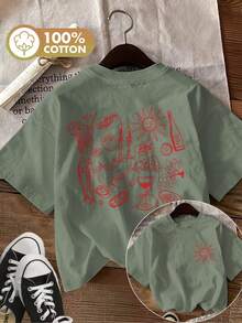 Camiseta de edición limitada con estampado gráfico, manga corta, cuello redondo, top casual para verano y primavera, ropa de mujer, algodón ligero. - Albaricoque - Ver 10