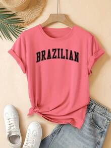 Camiseta estampada de corte regular, ropa casual para mujer, adecuada para vacaciones, manga corta, cuello redondo, primavera/verano, lavable a máquina, nueva moda femenina, versátil para salir, atuendo casual diario para el verano. - Blanco - Ver 8