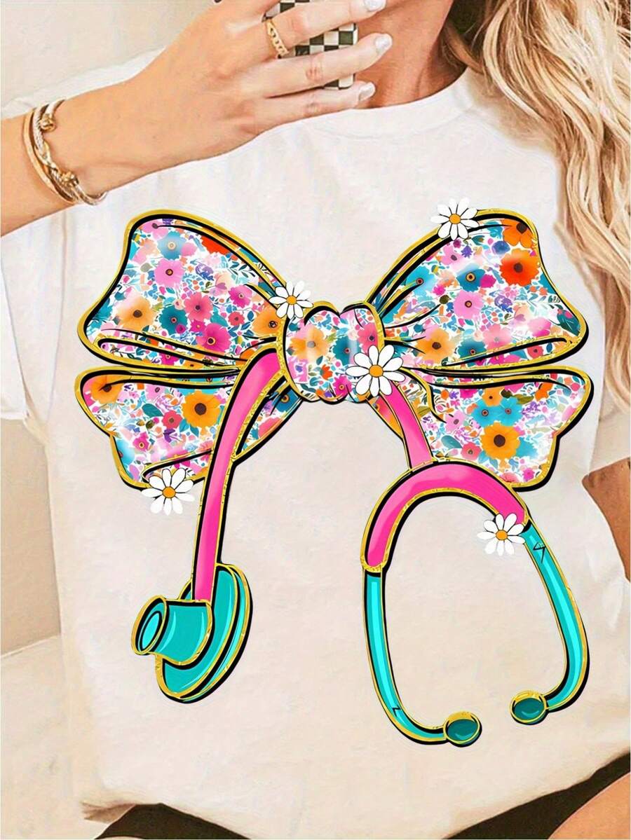 Una elegante camiseta con lazo floral estilo doctor, adecuada para enfermeras y diseñada para el sector de la enfermería, camiseta elegante con lazo floral estilo doctor, camiseta casual de talla grande para mujer. - Blanco - Ver 1
