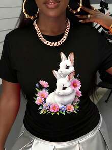 Camiseta de manga corta para mujer, camiseta con estampado floral de conejo blanco, diseño de animales lindos, top casual de manga corta, camisa de moda para primavera y verano. - Negro - Ver 2