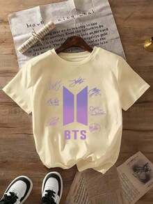 Cute Unisex Casual Premium T-Shirts2026 Summer ClothesSpring And Summer Women's Black Pattern Tees, Cute Casual Cartoon Character Letter Slogan Pattern Girls T Shirt, Theme Park Travel Clothing, Elegant And Decent, Travel And Tourism, Round Neck Fashion Short Sleeve TopsLoose And Comfortable Summer Tops - 杏色 - 查看 1