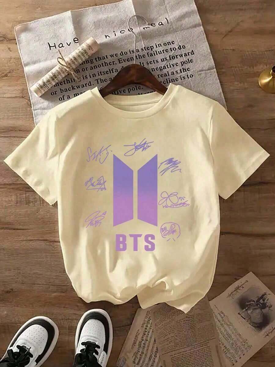 Cute Unisex Casual Premium T-Shirts2026 Summer ClothesSpring And Summer Women's Black Pattern Tees, Cute Casual Cartoon Character Letter Slogan Pattern Girls T Shirt, Theme Park Travel Clothing, Elegant And Decent, Travel And Tourism, Round Neck Fashion Short Sleeve TopsLoose And Comfortable Summer Tops - 杏色 - 查看 1